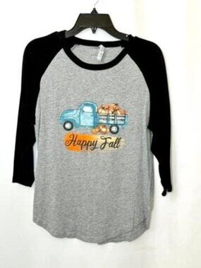 Cotton Heritage Happy Fall Raglan Shirt Womens Small Gray Black 3/4 Sleeve